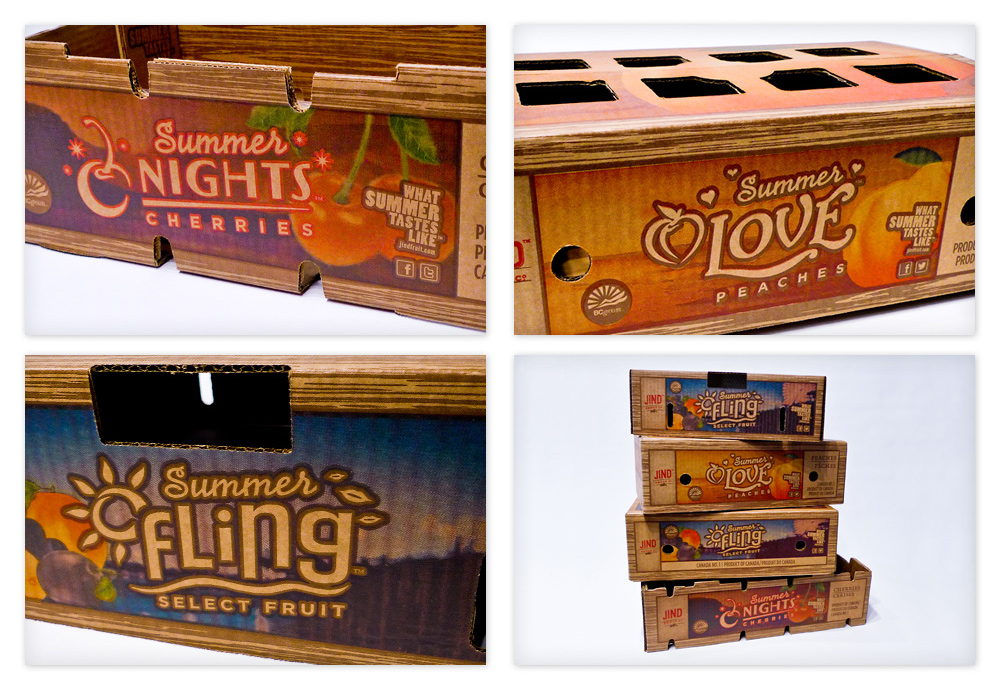 Overview of some of the Jind Fruit boxes. From top left: Summer Nights™ Cherries tray; Summer Love™ Peaches lattice box; Summer Fling™ Select Fruit lattice box; and all the boxes stacked together make a unified product line.