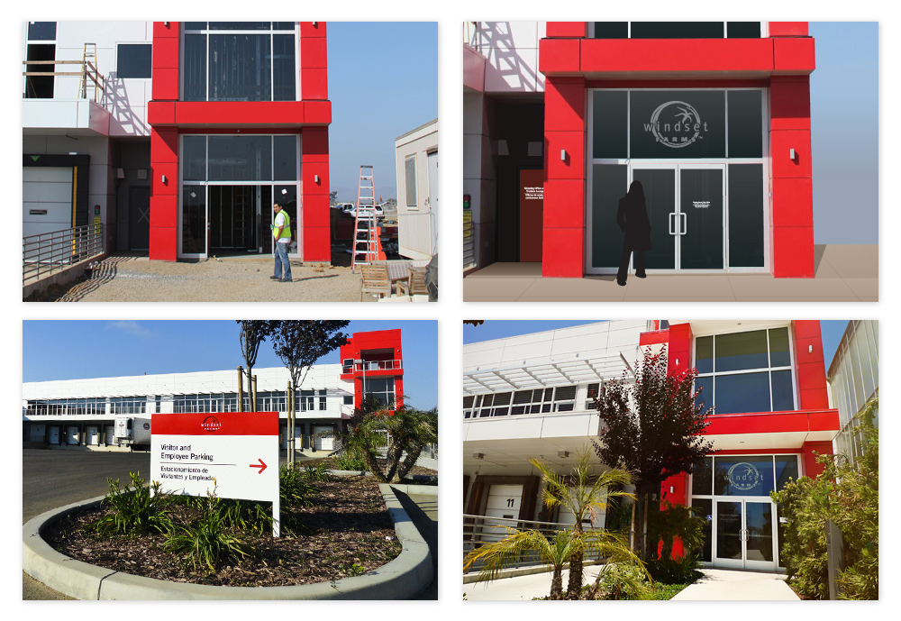 Photos of the main entrance of the Windset Farms greenhouse facility in Santa Maria, California show early construction photos. The top left photo is all that was supplied to get this project started (and all I had to work from for the first few months).