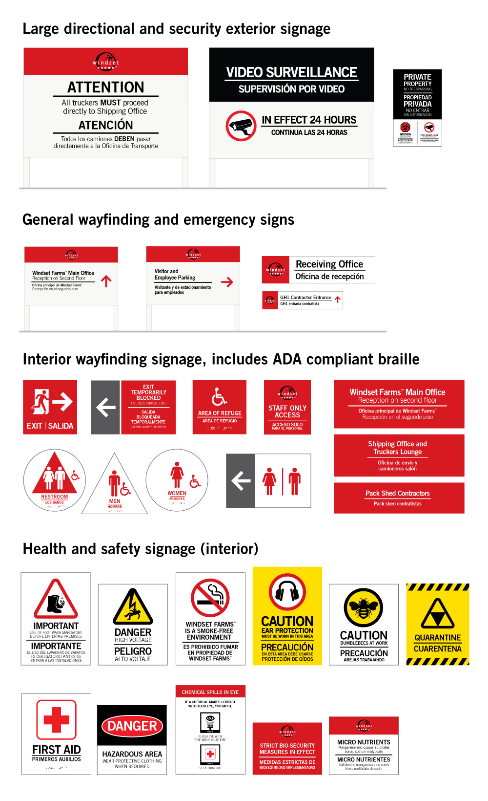Overview of the different types of signage applied on site, ranging from large in-ground directional signage to the ADA compliant washroom signage.