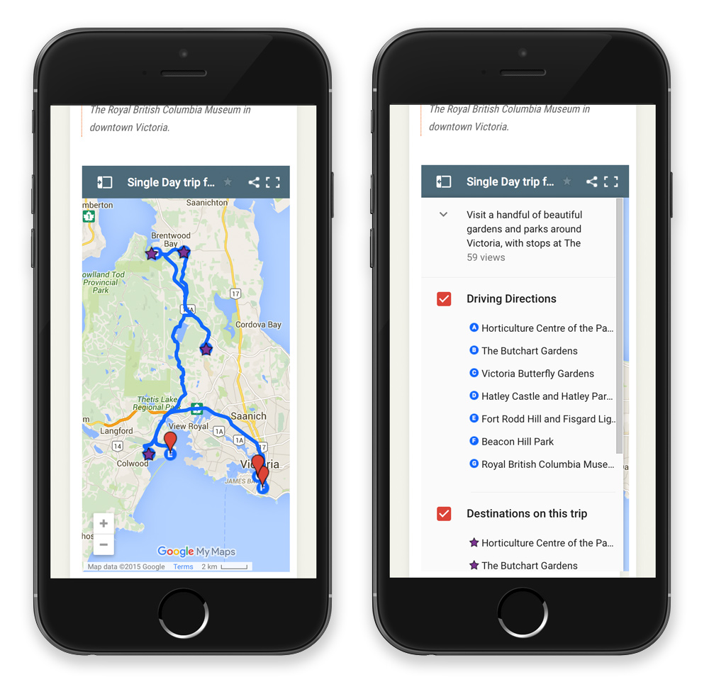 The trip pages with integrated Google Maps are meant to be used while you're out on the road; quickly change your destinations on the fly if you'd like to.