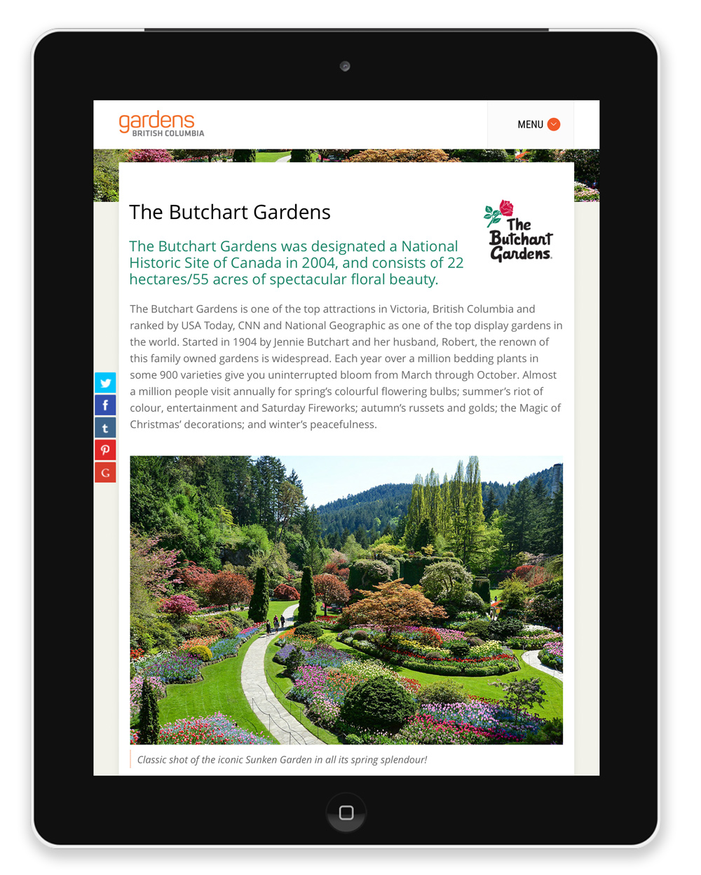 The Butchart Gardens Member Page displayed on an iPad.